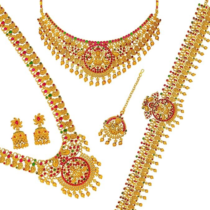 Gold-Plated Bridal Jewelry Set Traditional Temple Lakshmi Design Necklace, Earrings, Maang Tikka & Vaddanam